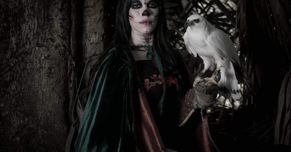 長い金髪と黒い服をまとい、深いまなざしをたたえるメーテルの幻想的な姿