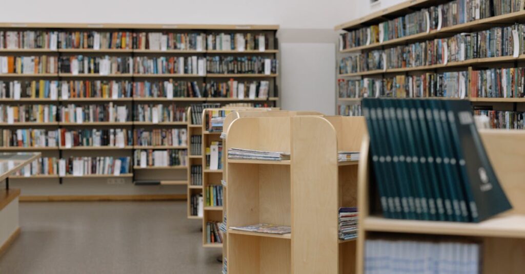 図書館のコミックコーナーで『三国志』を探している人のイラスト。紙の長編漫画を読む環境が整っている様子を柔らかな漫画風で描写。